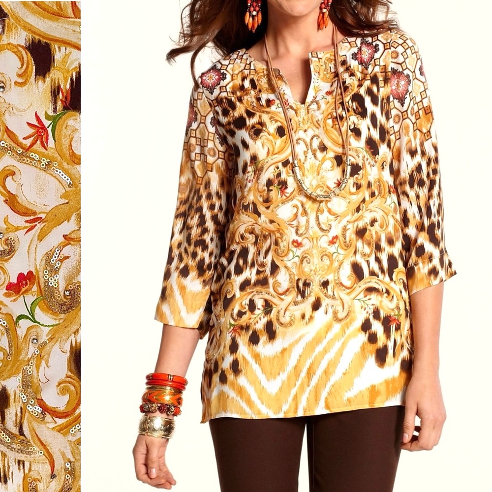 CHICO’S Satin Embellished Sequins Boho Tunic Blouse Safari-Shaded Mix of…